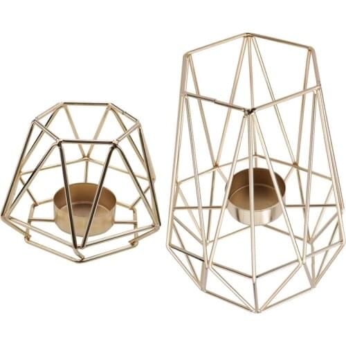 Set of 2 Gold Geometric Metal Tealight Candle Holders for Living Room & Bathroom Decorations - Centerpieces for Wedding & Dining