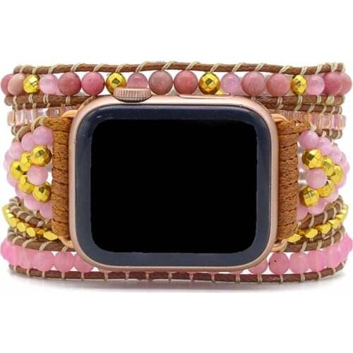 Natural Stone BOHO Rose Quartz Apple Watch Strap Leather Bracelet 5 Wrap Watch Band for Gifts Jewelry Dropshipping