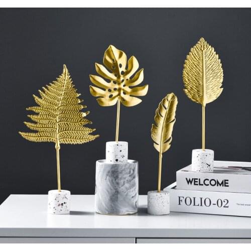 Golden Leaf Feather Plant Nordic Decor Modern Desktop Home Decoration Accessories Living Room Office Interial Crafts Gift