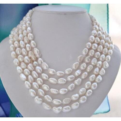 5row 22" 9-10mm white baroque FRESHWATER CULTURED pearl necklace