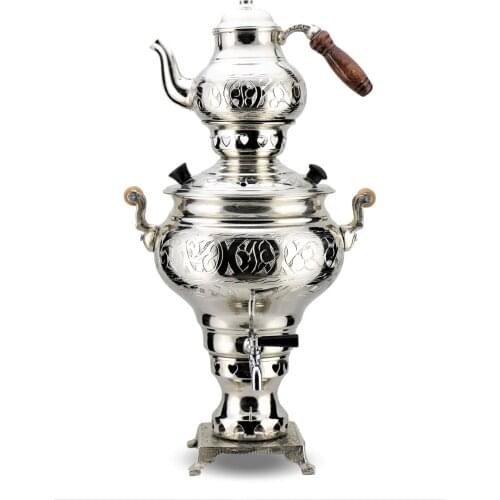 SONAYCOPPER Excavated nickel-plated Copper Samovar, Coal Use, 3 L Capacity
