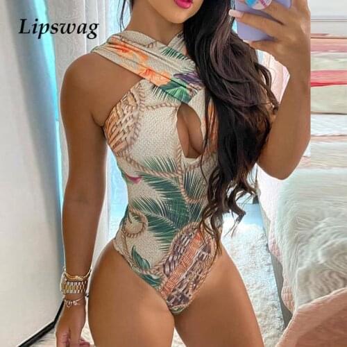 Sexy Halter Hollow Out One-Piece Swimsuit V Neck Side Slit Backless Women Swimwear Bathing Suit Push Up Bodysuit Monokini Bikini