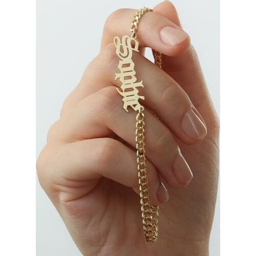 Old English Name Bracelet Personalized Name Bracelets Gothic Jewelry Gold Curb Chain Personalized Name Bracelet Women Men