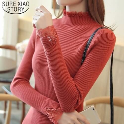 Slim Short Paragraph Bottoming Sweater Spring Half-high Collar Sweater Women Solid Color Lace Thickening Inside Sweater 7569 50