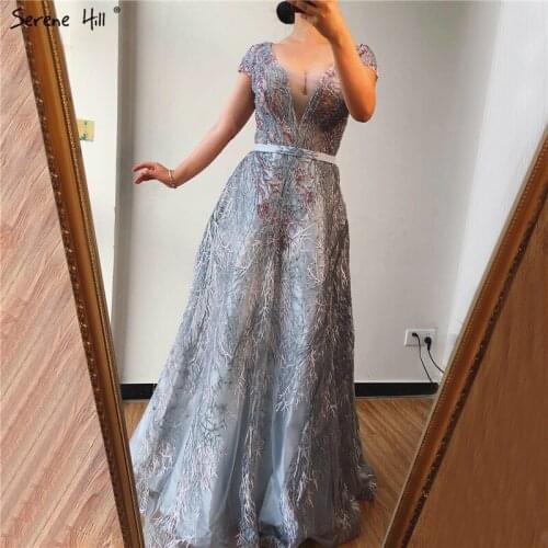 Serene Hill Grey V-Neck Sleeveless Luxury Long Evening Dress 2020 Sequins Crystal A-Line Formal Party Gown Design CLA70226