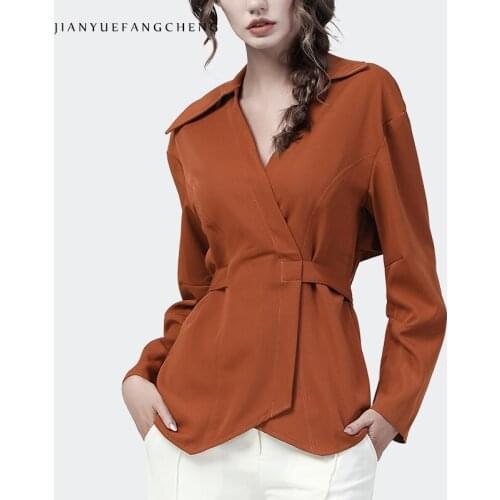 2021 Autumn New Womens Long Sleeve Irregular Lacing Shirt Solid Color V-Neck Tunic Top Elegant Slim Office Ladies Blouses S-4XL