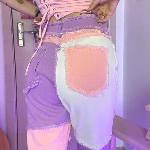 2021 New Hip Hop Autumn Blue/Pink Patchwork Jeans Women High Waist Hip Hop Straight Jeans Ladies Trousers Female Denim for Woman