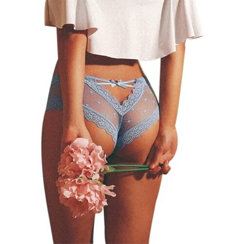 Women Sexy See-through Lace Mesh Panties Solid Color Dot Bow Tie Underpants