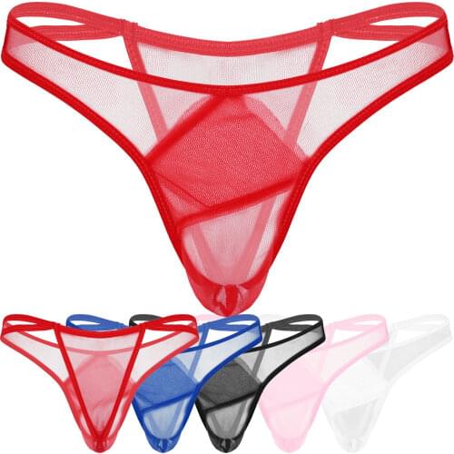 Men Low Waist Briefs Elastic Waistband Sissy Gay G-String See-through Thongs Sheer Gauze Sexy Male Underwear Exotic Underpants