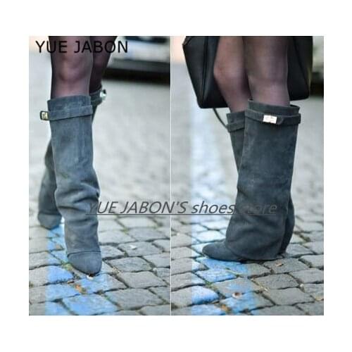 Shark Lock Women Wedge Boots Suede Leather Height Increasing Boots Pointed Toe Long Boots Female Wedges Heel Botas Mujer SIZE 42