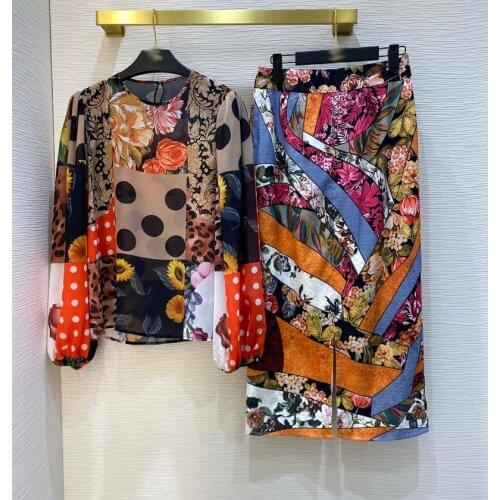 2021 runway spring summer women runway skirt set long sleeve vintage printed top + mid-calf bodycon skirts 2 pieces set Y387
