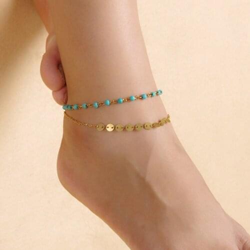 Fashion New Design Summer Style Beach Holiday Silver/Gold Color Two Layers Coin Chains Nature Stone Beaded Women Anklets
