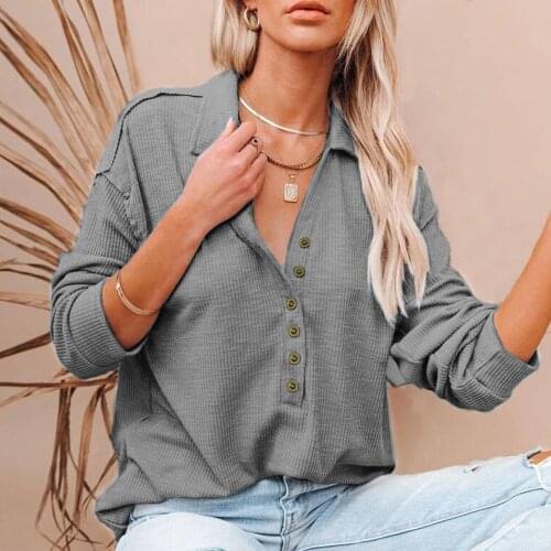 WomenS Lapel Collar Ribbed Knit Top Fashion Button V-Neck Adjustable Knit Sweater Loose Casual Top Knitted Shirt Spring Autumn