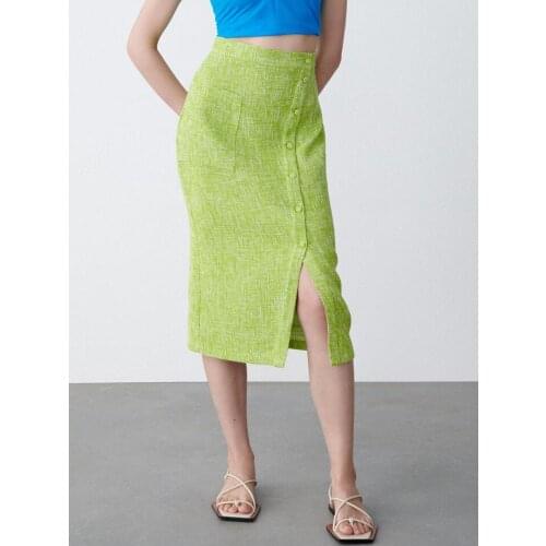 ZA dress 2021 summer new womens clothing retro high waist button closed split texture midi skirt