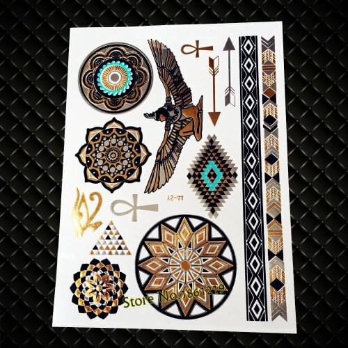 25 Style Gold Indian Mandala Temporary Tattoo Waterproof Angel Wing Arrow Tatoo Body Art Flash Metallic Temporary Tattoo Sticker