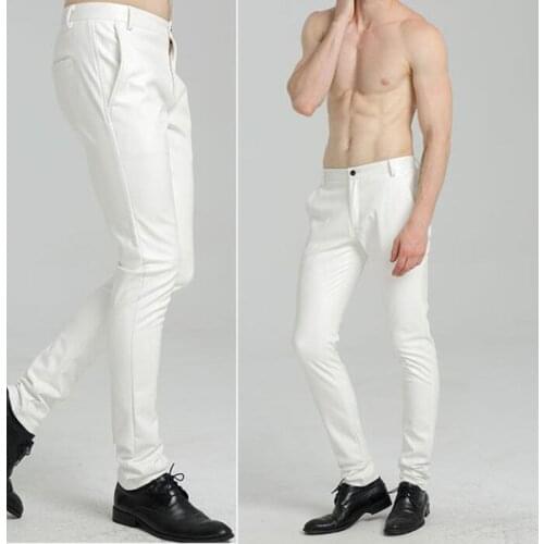 White thin faux leather pants mens feet pants fashion slim motorcycle pu trousers for men personality pantalon homme