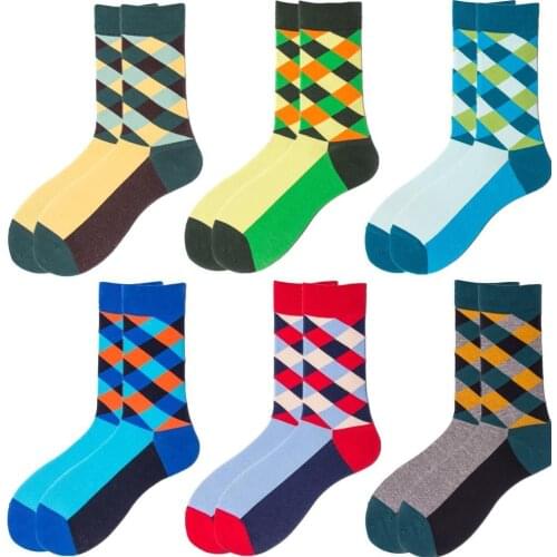 DOIAESKV Mens Cotton Happy Socks Fashion Colorful Multi Pattern Rhombic Lattice Male Streetwear Cozy Funny Socks Novelty