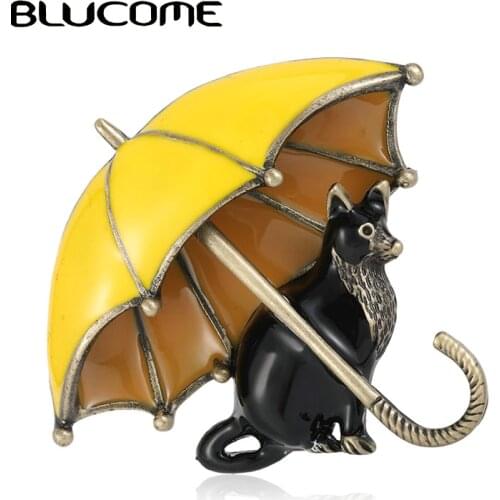 Blucome Enamel Black Cats Umbrella Shape Brooches Corsage Antique Gold Color Casual Party Vivid Animal Brooch Pins Gifts Bijoux