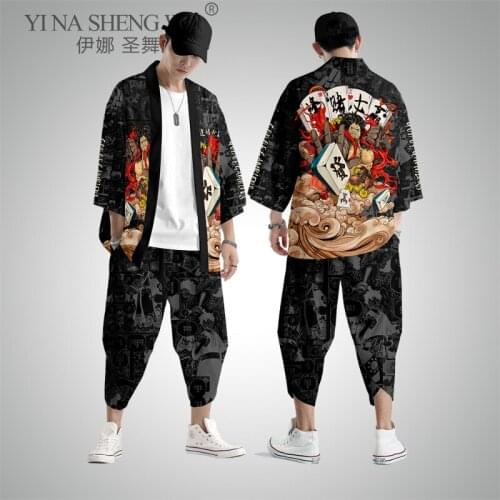 Japanese Style Vintage Kimono Haori Pants Set Men Traditional Harajuku Streetwear Samurai Cardigan Yukata Urban Style Clothing