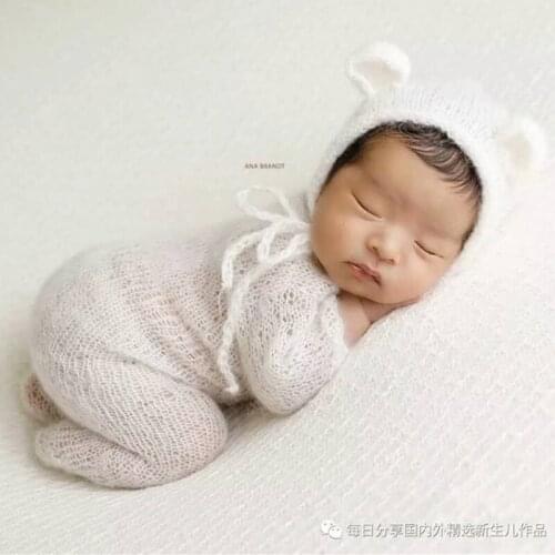 Newborn Footed Long Sleeve Onesie Romper and Bonnet set Luxury yarn Photography Prop Handmade knit Baby Alpaca Romper