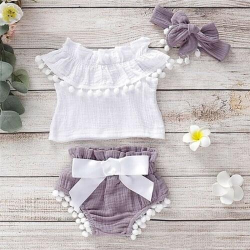 3pcs Baby Girl Clothes Set Summer Clothes Tassels Ruffle O neck Tops Shorts Pants Headband Outfits yenidogan bebek giyim
