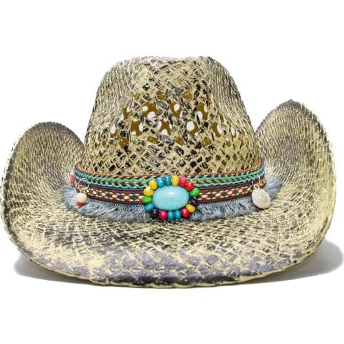 LUCKYLIANJI Retro Womens Mens Summer Straw Beach Cowboy Western Cowgirl Fedora Hat Hollow Tassel Turquoise Bead Band (Adjust )
