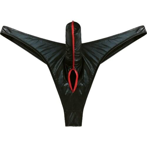 Mens Lingerie Patent Leather Gay Underwear Briefs Thongs Bottoms with Closed Penis Sheath Underpants Erotic Sexy Thongs Panties