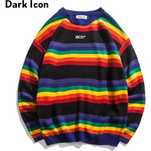 DARK ICON Rainbow Stripe O-neck Pullover Mens Sweater 2019 Winter Letter Embroidery Sweater for Men 2Colors