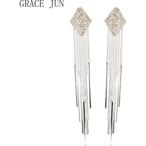 Top Quality Rhinestone Square Shape Tassel Clip on Earrings Women Fashion Birthday Party Ear Cuffs Earring Ear Clip Jewelry New