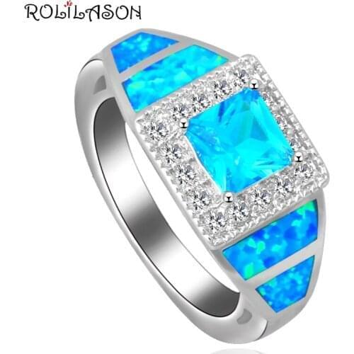 Birthday Gifts for Women Square Blue Zircon Silver Stamped Fashion Jewelry Blue Fire Opal Rings USA SZ #5#6#7#8#9#10 OR784