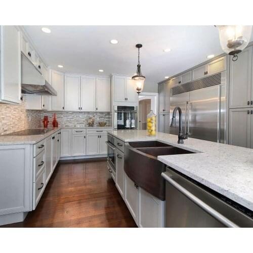 Simple European Style Pure White Solid Wood Kitchen Cabinet With Island