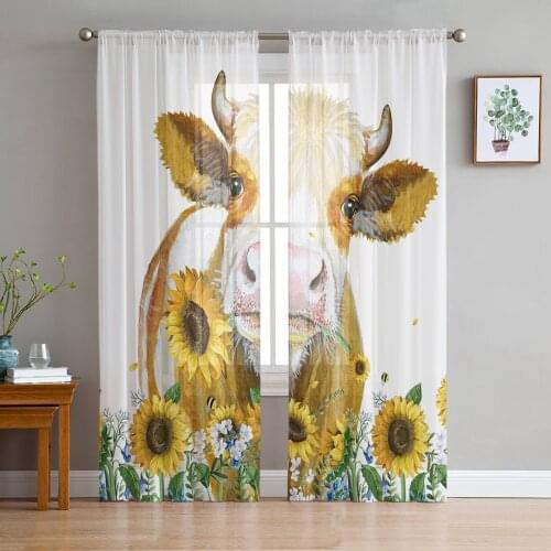 American Country Style Sunflower White Voile Tulle Sheer Curtains for Bedroom Living Room Kitchen Decor Chiffon Windows Curtain