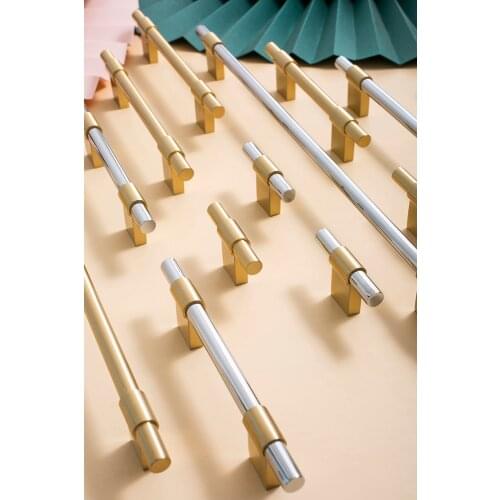 Nordic brass long handle Nordic luxury high end wardrobe door drawer simple pure copper gold silver handle