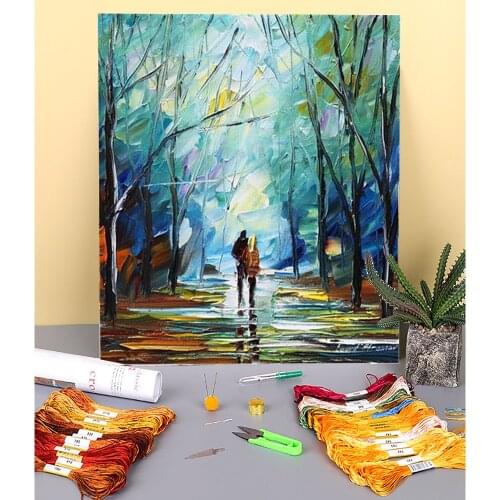 Foggy Park Printed Water-Soluble Canvas 11CT Cross Stitch DIY Embroidery Kit DMC Threads Handiwork Painting Knitting Needle