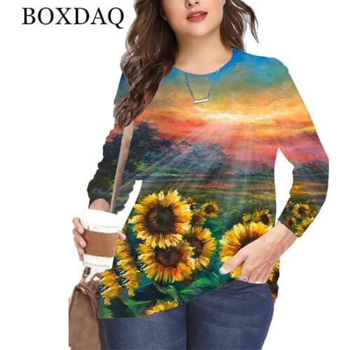 Women Clothes 2021 Autumn Winter Long Sleeve Plant Flowers Print T Shirt Women Casual O-Neck Ladies Shirt Plus Size 5XL 6XL Tops