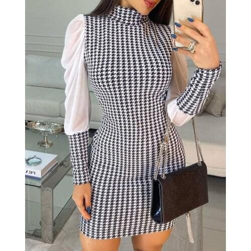 Women Plaid Patchwork Dress Women Turtleneck Long Sleeve Bodycon Dresses Elegant Office Lady Pencil Dress Houndstooth Vestidos