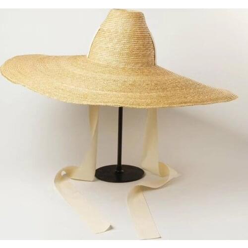 Women Natural Woven Giant Straw Hat Big Brim Floppy Sun Hat High Top Ribbon Band Giant Jumbo Sombrero Hat Adult Summer Beach Hat