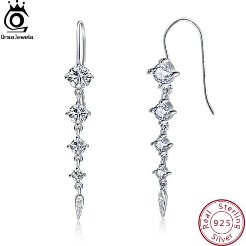 ORSA JEWELS Real 925 Sterling Silver Women Earring With Round AAA Zircon Long Dangle Earrings Silver Fine Jewelry Party OSE52