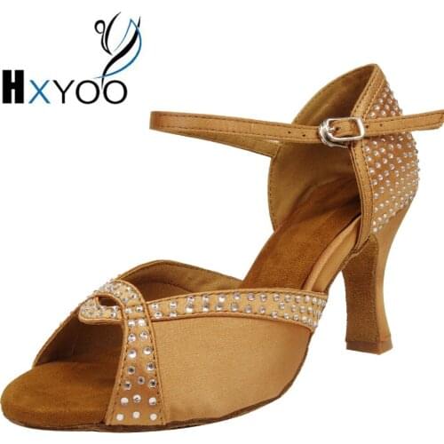 HXYOO Rhinestone Latin Dance Shoes Salsa Tango Dance Shoes For Women Brand Wide Heel 8 cm Brown Customized Heels And Colors ZC24