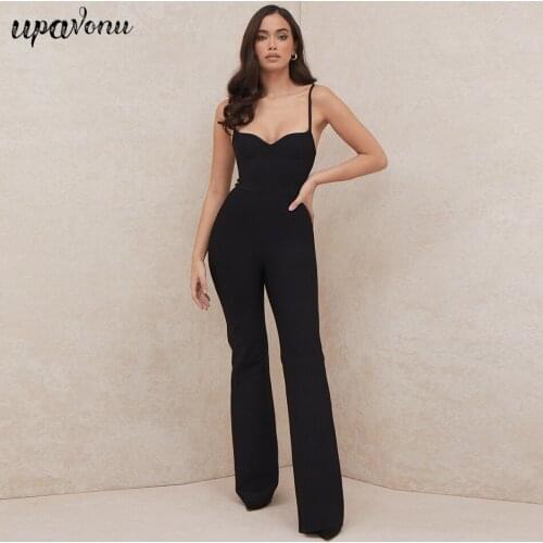 Free Shipping 2021 Summer New Womens Bandage Jumpsuit Sexy V-neck Spaghetti Strap Sleeveless Halter Club Party Flare Jumpsuit