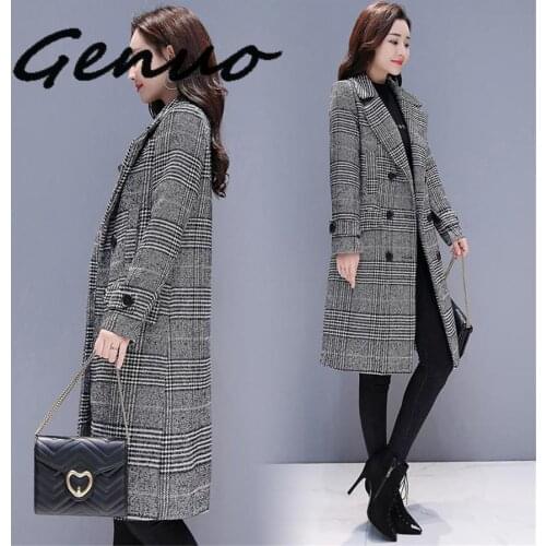 Winter Women Wool Blends Plaid Trench Coat Elegant Outerwear Casual Loose Thick Cardigan Female Cashmere Overcoat
