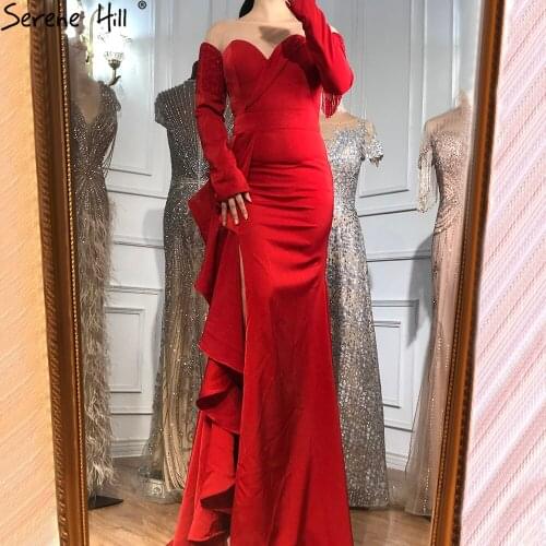 Serene Hill Mermaid Elegant Red Tassels Evening Gown For Women 2021 Satin Ruched Sexy With Split Formal Party Dress CLA70837