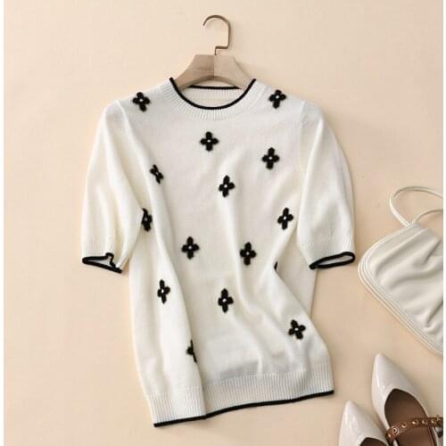 100% cashmere embroidered four-leaf clover round neck pullover womens short-sleeved cashmere knitted T-shirt top