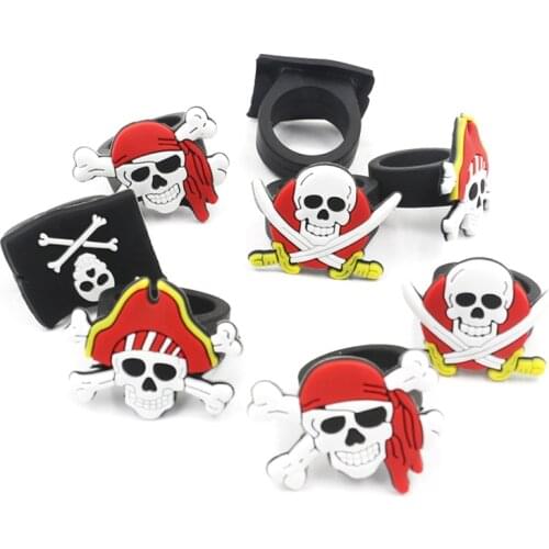 12pcs Caribbean Pirates Silicone Toy Rings Halloween Costume Dress Up Kids Birthday Party Cosplay Bracelet Skull Ring Kids Gifts