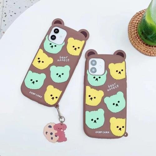 3D Cute Cartoon Ear Bear Silicone Phone Case for iphone 12 11 Pro Max Xs Xr 7 8 Plus X Se 2020 Pendant Soft Cover With lanyard
