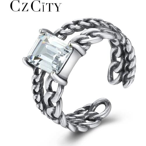 CZCITY Rectangle Shape 925 Sterling Silver Rings for Women Wide Ring Band Cubic Zirconia Finger Ring Vintage Anniversary Gifts