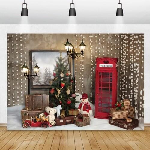 Winter Cartoon Snowman Doll Leather Suitcase Telephone Booth Child Shoot Christmas Party Photo Backdrop Photography Background