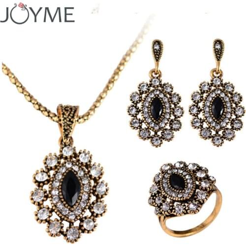 Joyme New Vintage Look Gold-Color Eye Wedding Turkish Jewelry Crystal Earring Ring Necklace Sets For Women Bijoux Femme
