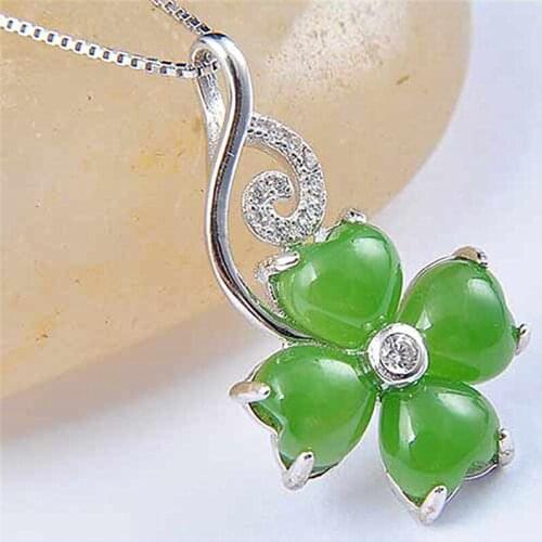 Classic Crystal Green Clover Pendant Necklace Girl Jewelry Pure 925 Sterling Silver Necklace For Women Clavicle Accessories Lady