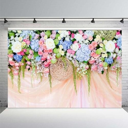 Colorful Flowers Backdrop for Weddings Photo Studio String Ball Pink Theme Backgrounds Birthday Banner Photocall Photo Backdrop